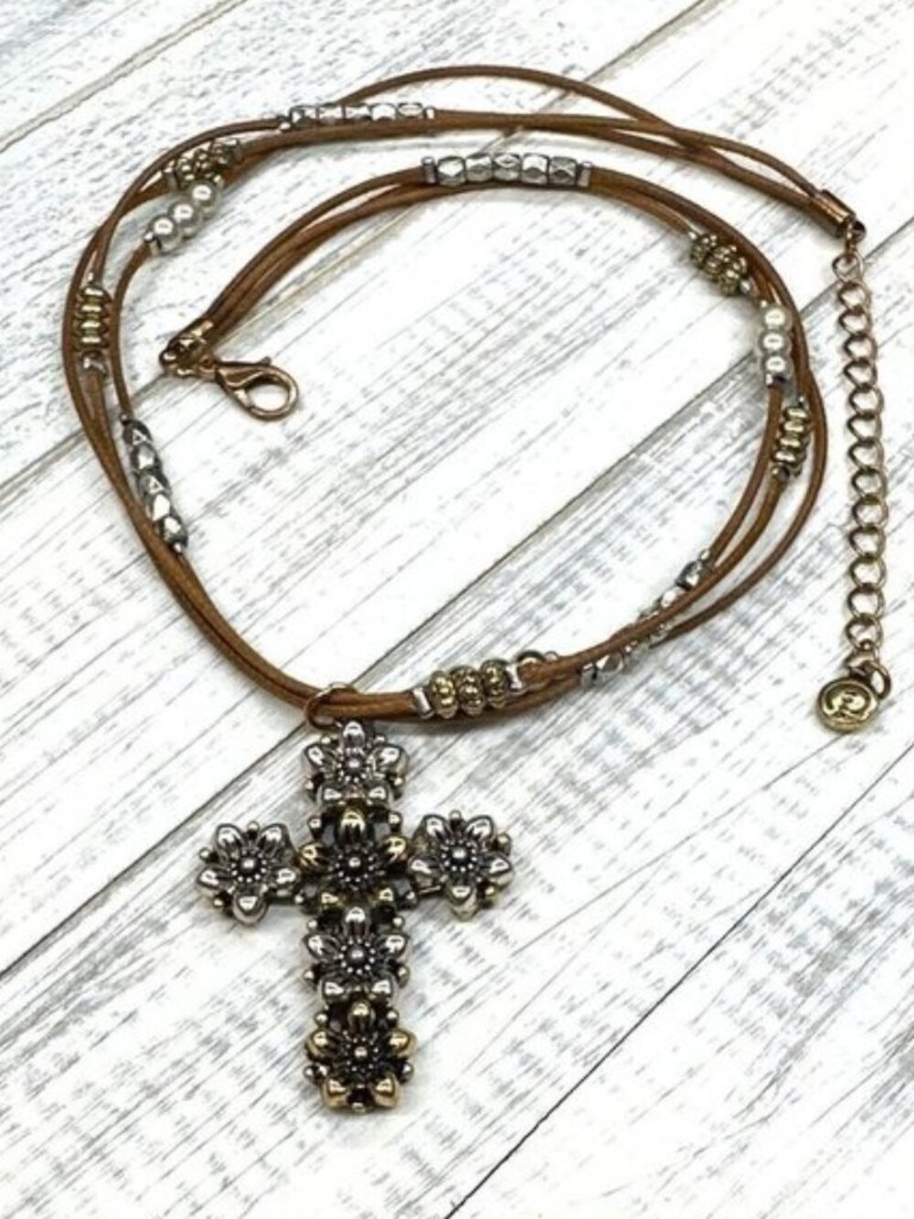 C1946 Necklace Floral Cross Triple Strand Necklace Brown Silver Tone Gold Tone